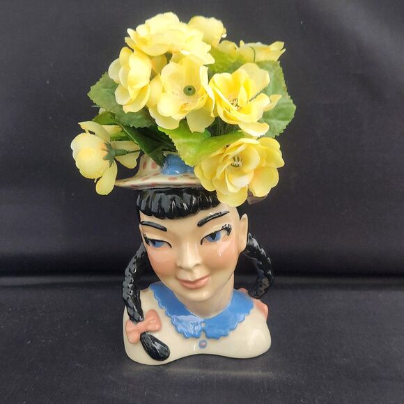 Becky Head Vase Ceramic Arts Studio Blue Pigtails Girl Teen Flower Holder VTG - Picture 1 of 8